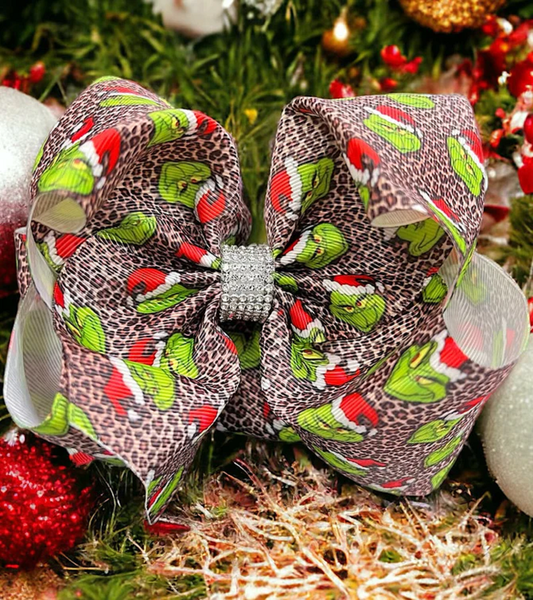 GREEN CHRISTMAS GUY DOUBLE LAYER HAIR BOWS 6.5"WIDE