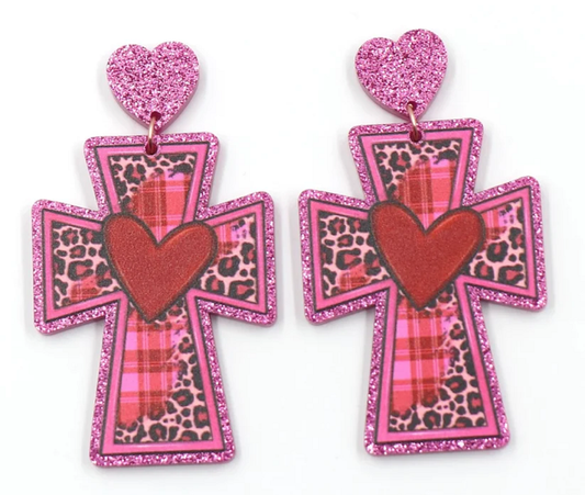 Cross Heart Pink Earrings