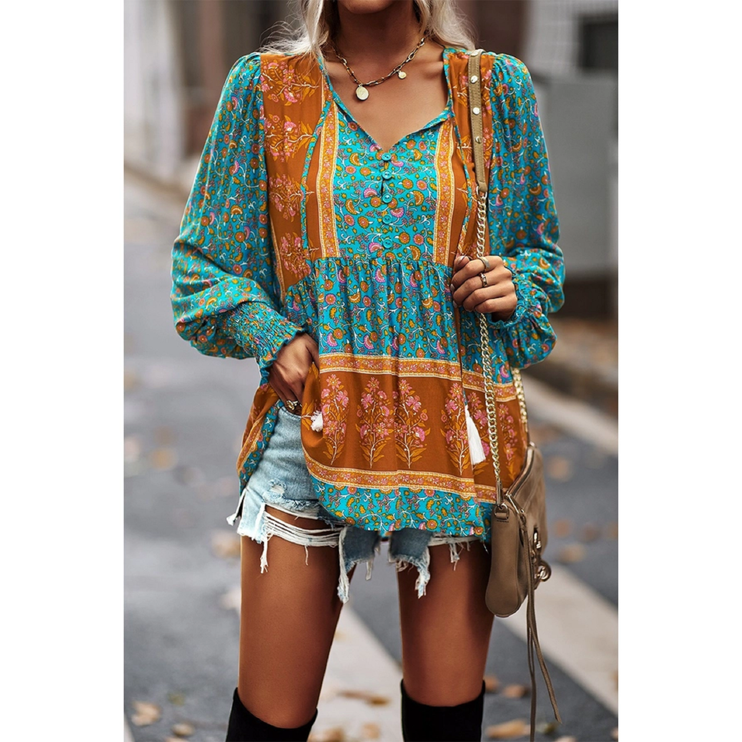 Boho Turquoise and Orange Ruffle Top