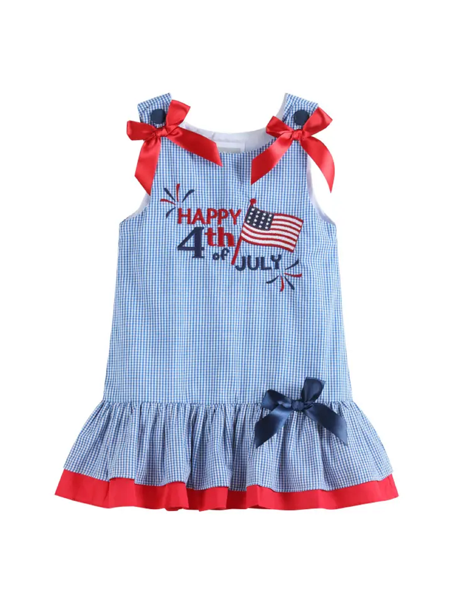 Lil Cactus Happy 4th of July Blue Gingham Ruffle Dress