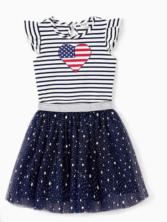 4th of July Stripe Heart American Flag Tulle Dress