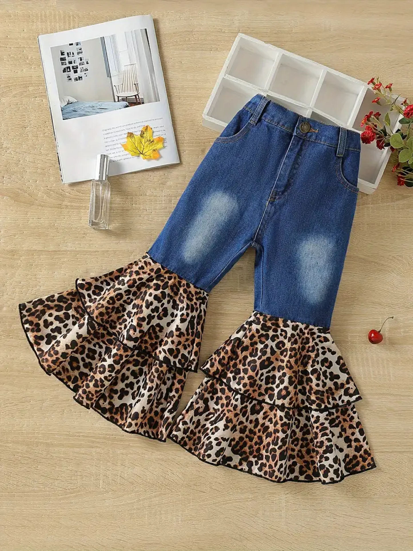 Dark Blue Denim Leopard Bell Bottoms