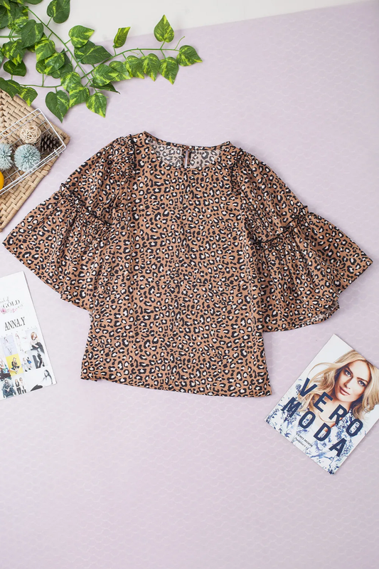 Chestnut Leopard Print Ruffle Wide Sleeve Blouse