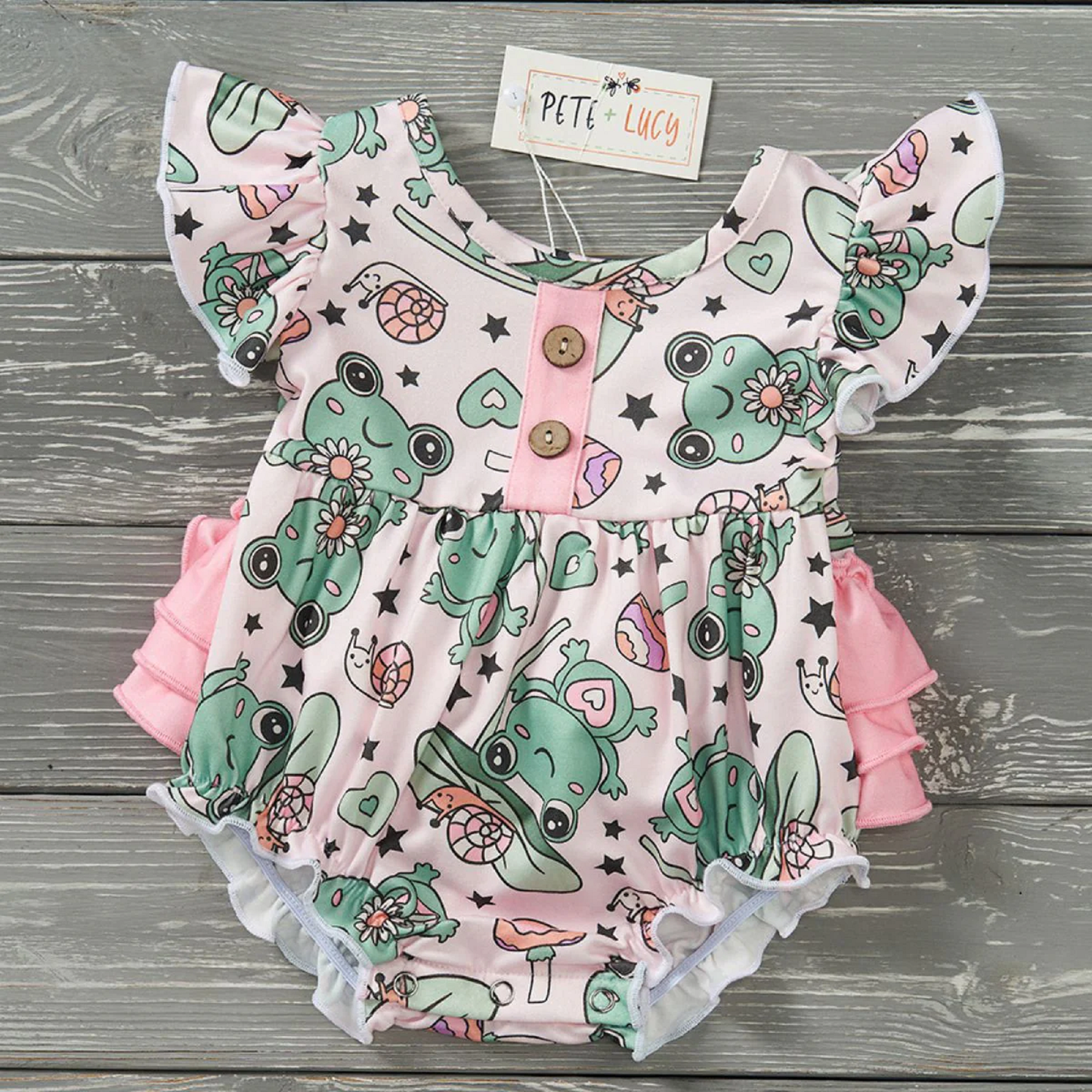 Pete + Lucy Lily Pad Leapers Girl's Romper