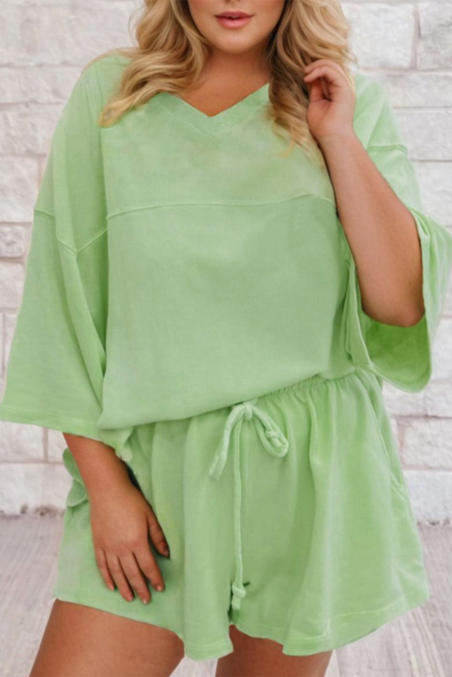 Meadow Mist Green V Neck Drop Shoulder Tee Loose Short Outfit