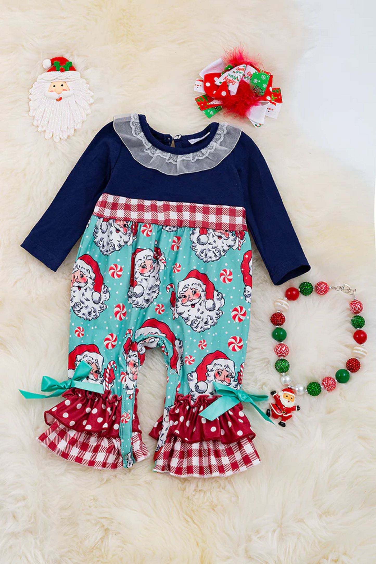 Christmas Mint & Navy Santa Romper