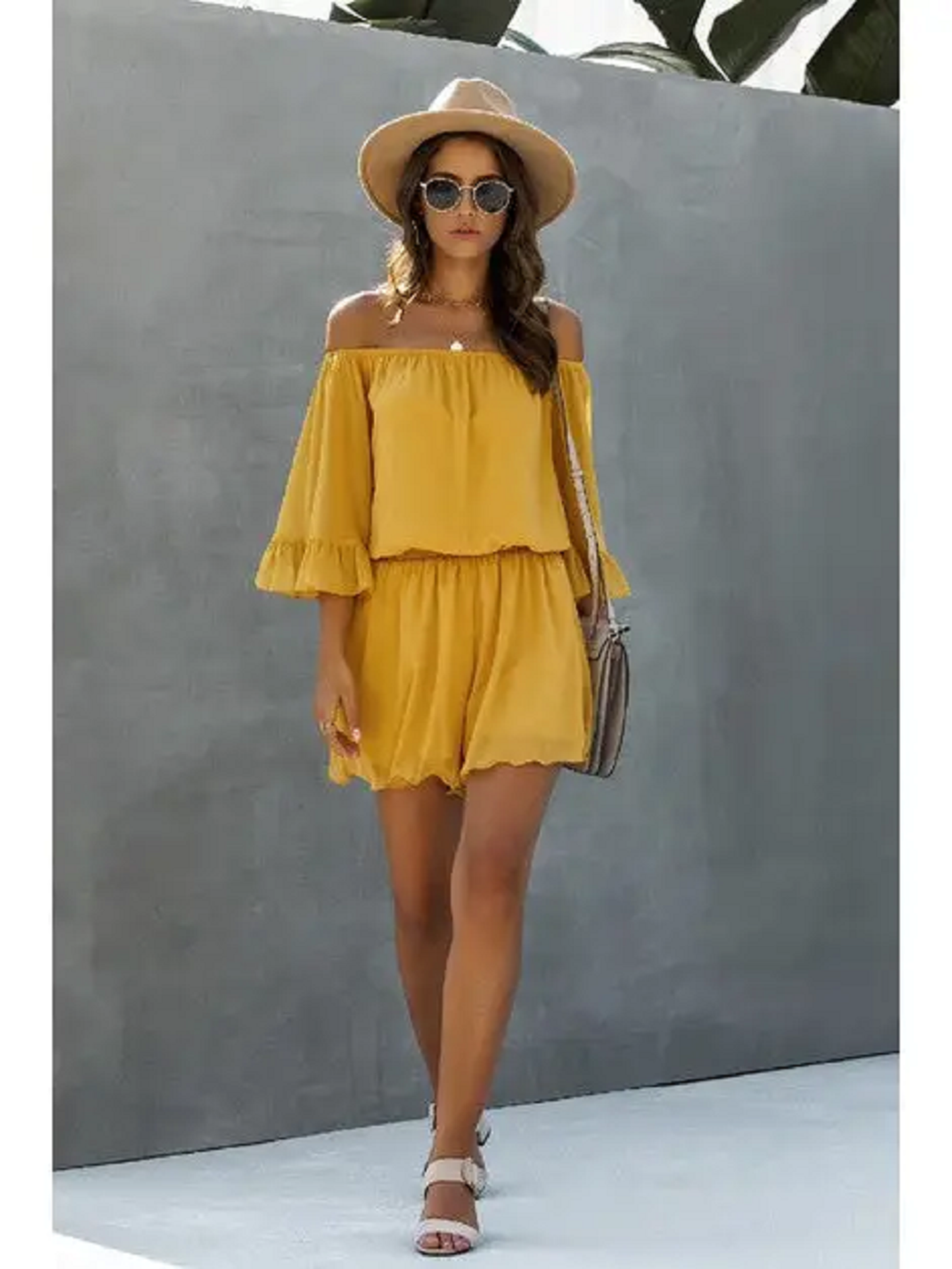 Ladies Mustard Yellow Off Shoulder Mesh Solid Romper