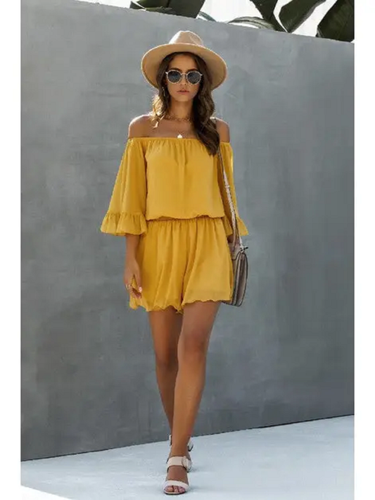 Ladies Mustard Yellow Off Shoulder Mesh Solid Romper