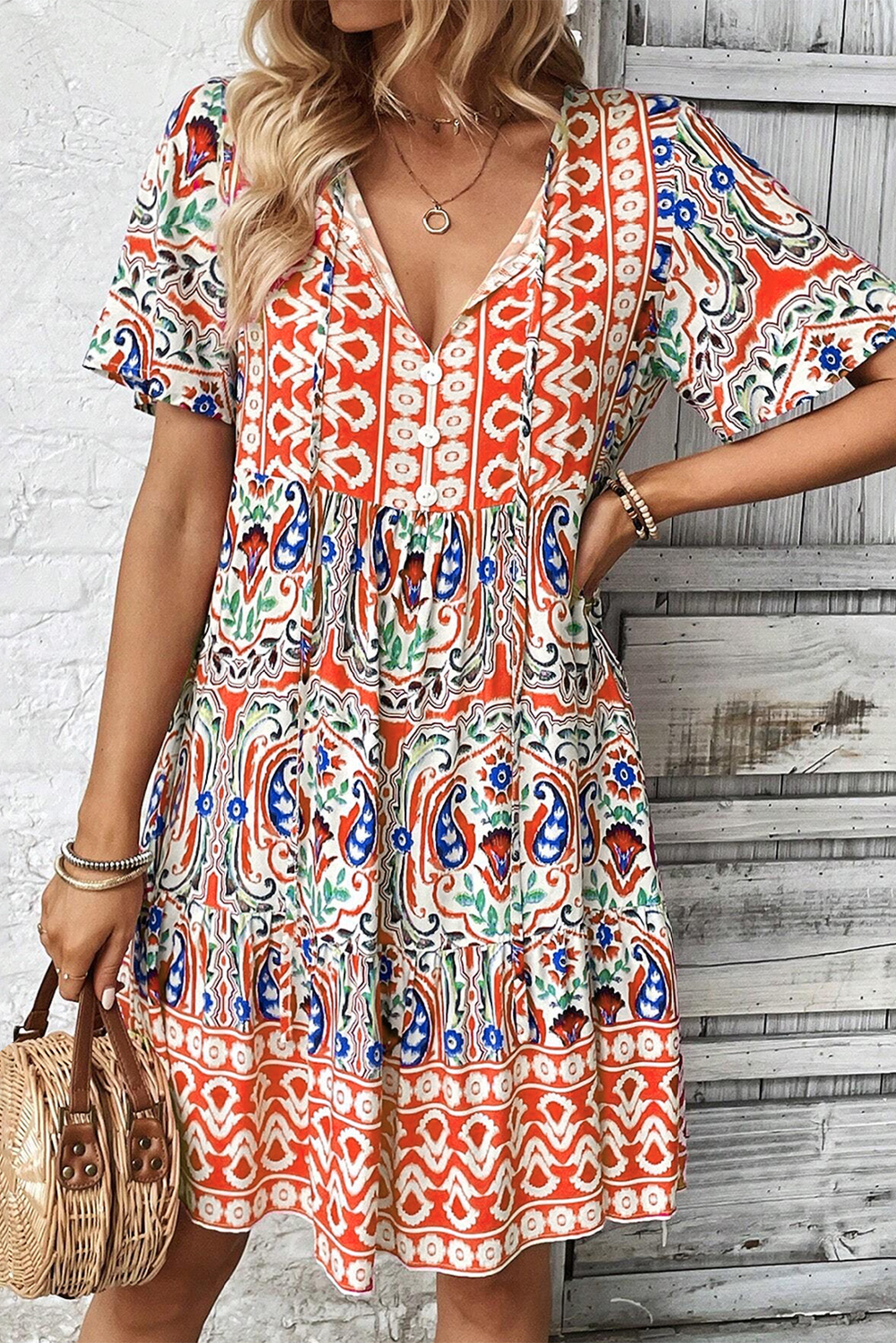 Orange Bohemian Print Ruffle Hem Short Dress