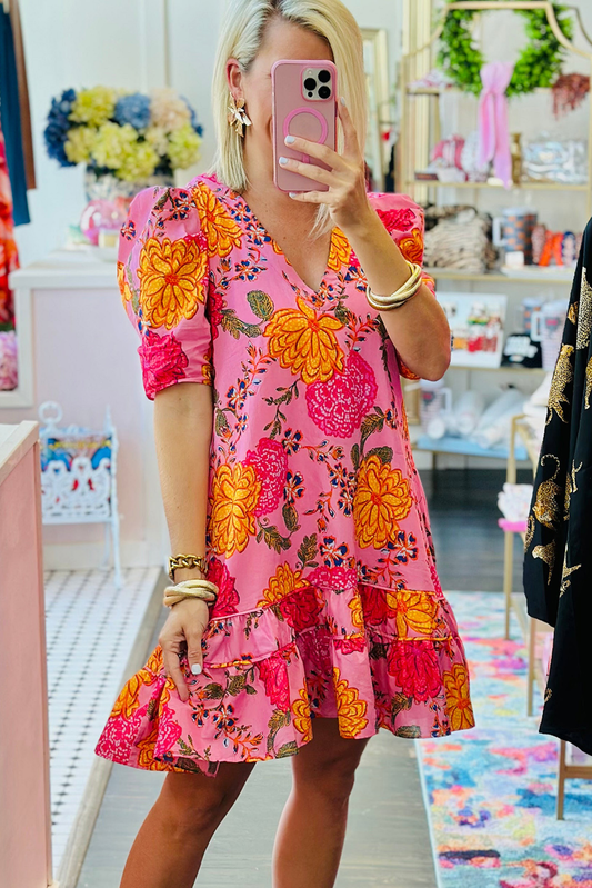 Floral Bubble Sleeve V Neck Ruffled Mini Dress