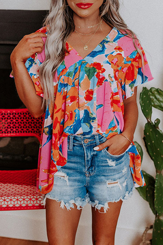 Abstract Print/Orange V Neck Flutter Sleeve Blouse