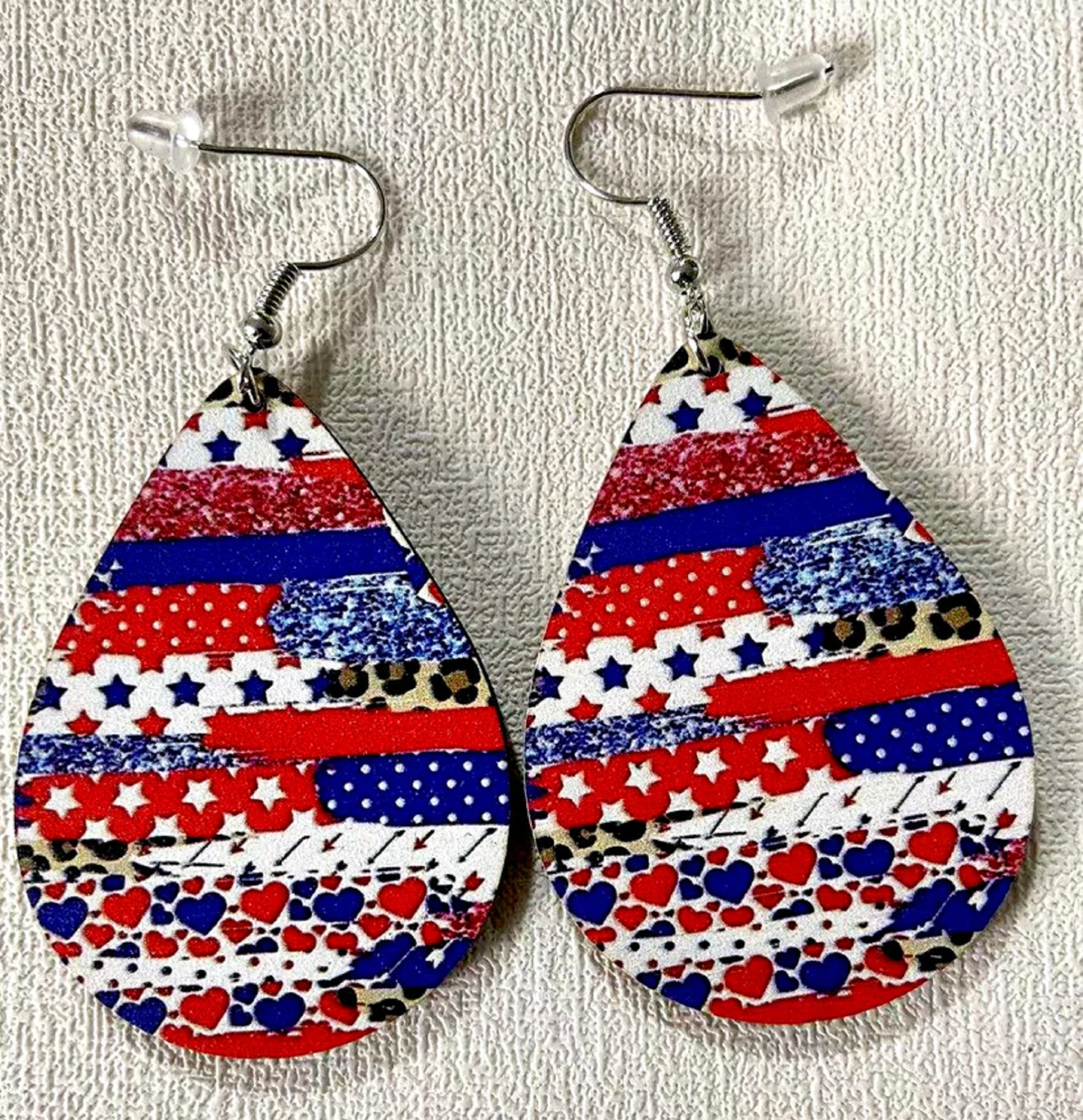 Patriotic Leopard Teardrop Wooden Earrings