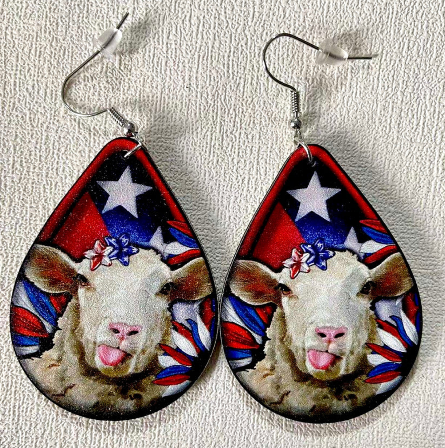 Patriotic Goat/Sheep Teardrop Wooden Earrings