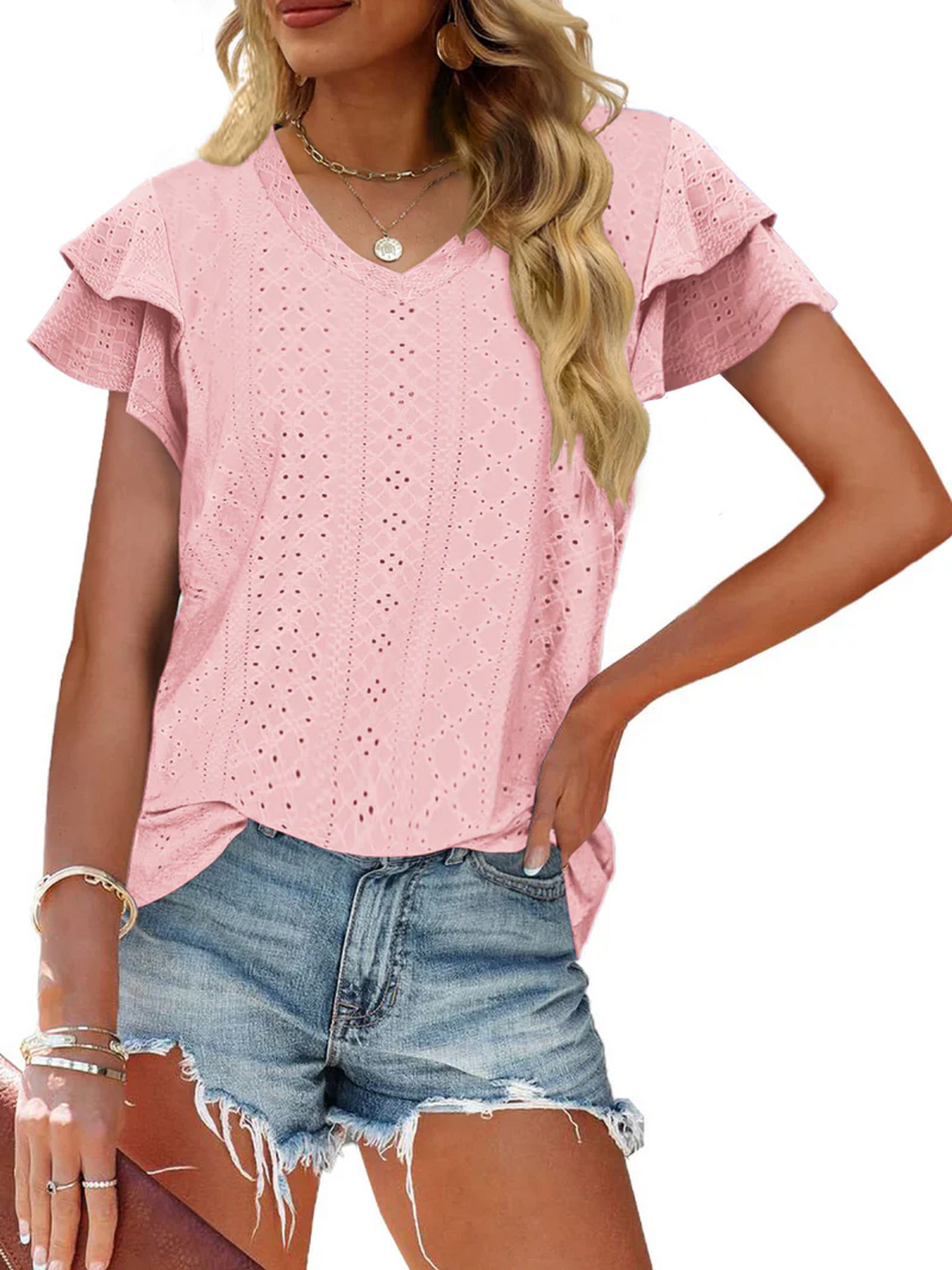 Pink Short Sleeve Eyelet Shirt