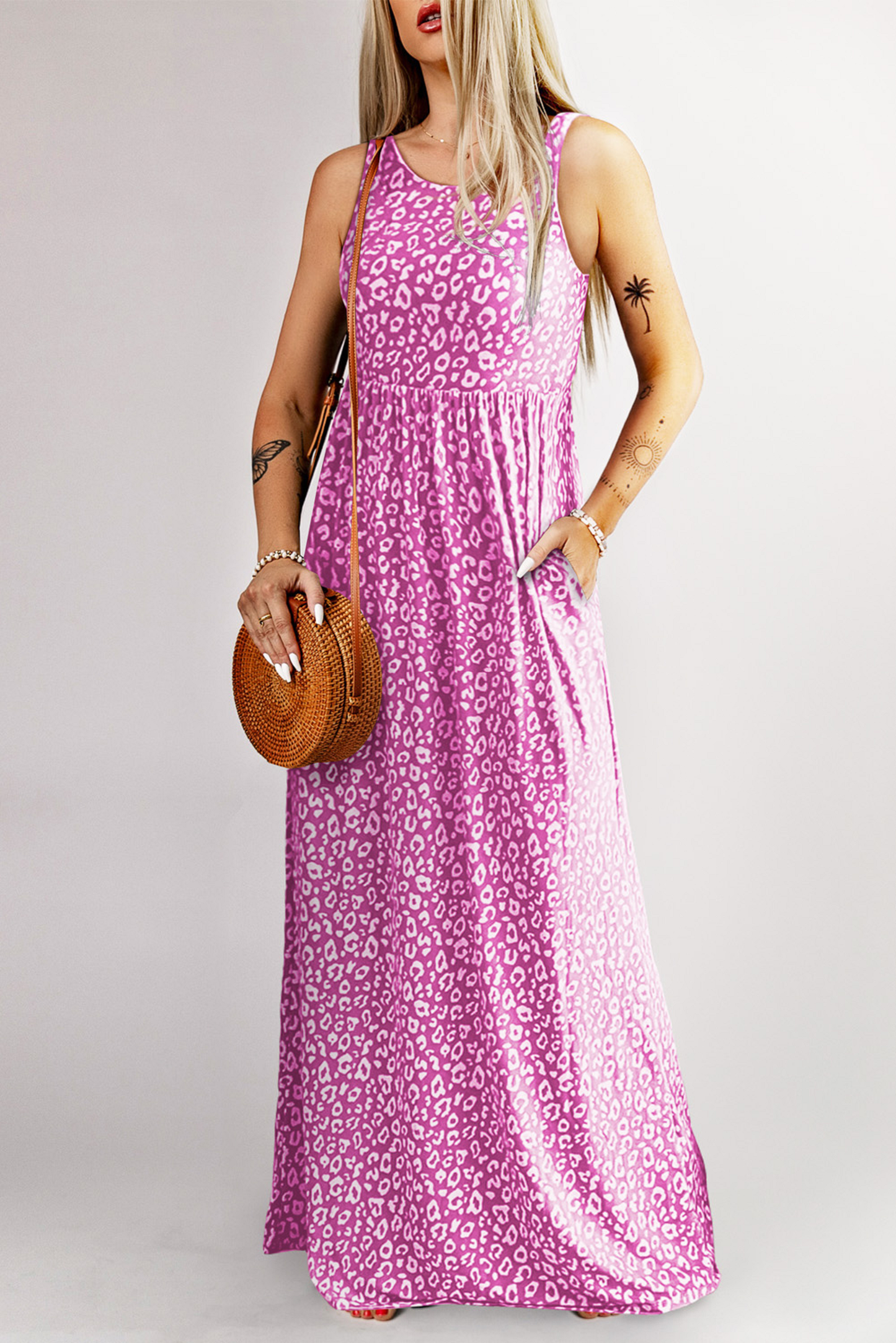 Fuschia Leopard Print Pocketed Sleeveless Maxi Dress