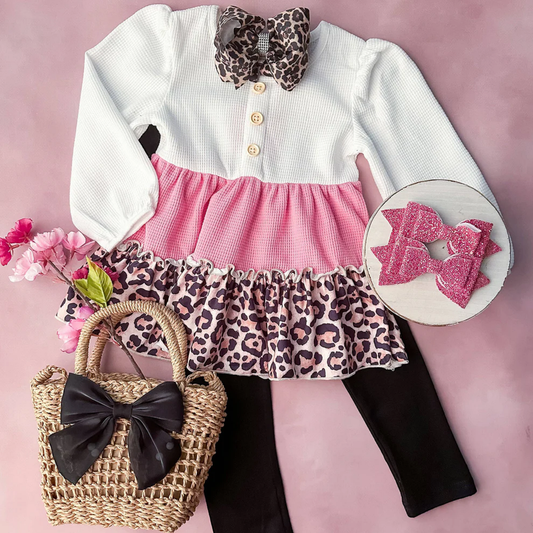 White, Pink, & Animal Print Tiered Top with Leggings Set