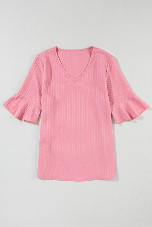 Ruffled Half Sleeve V Neck Textured Top