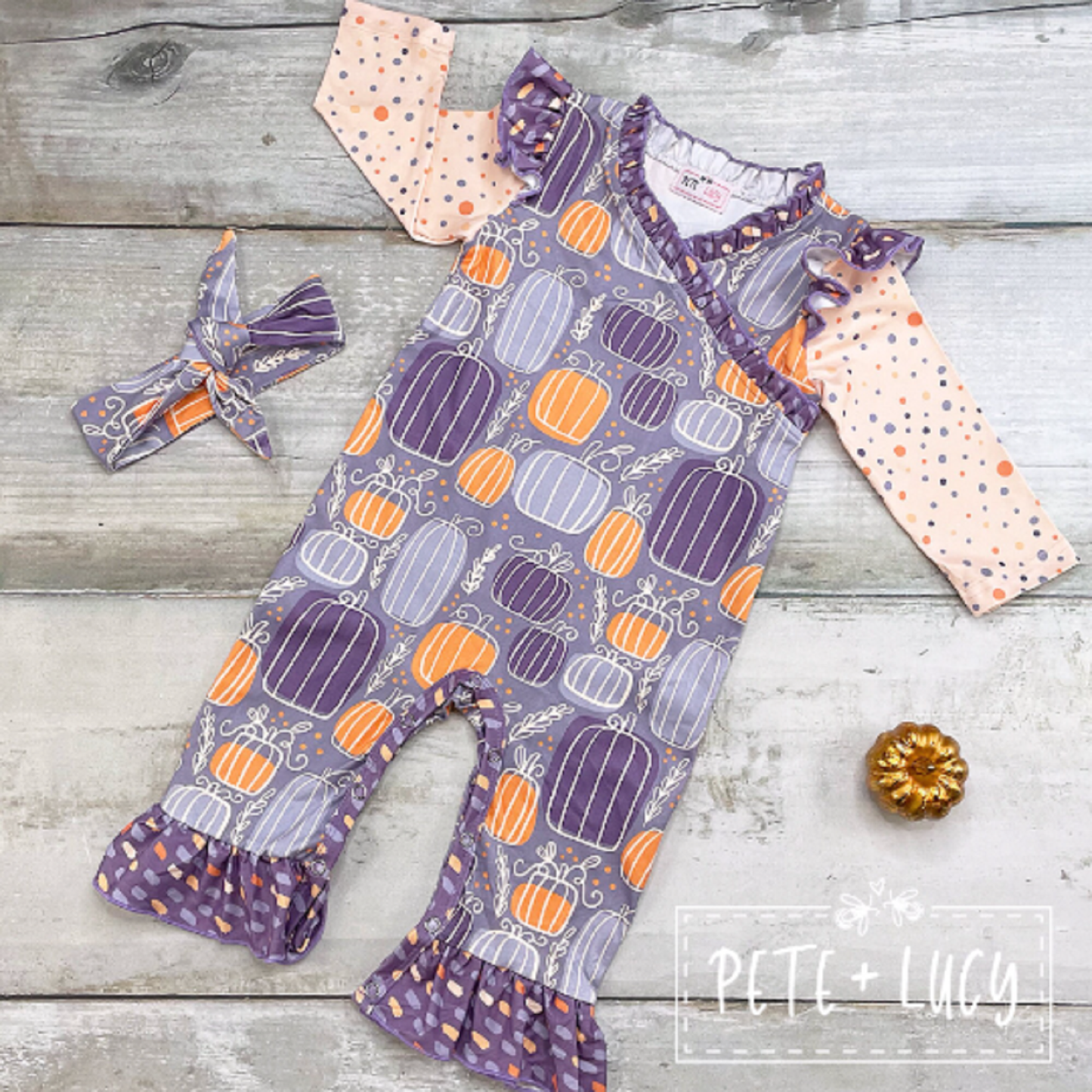 Pete + Lucy Purple Pumpkin Girl's Romper