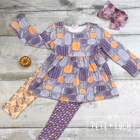 Pete + Lucy Purple Pumpkin Long Sleeved Pants Set