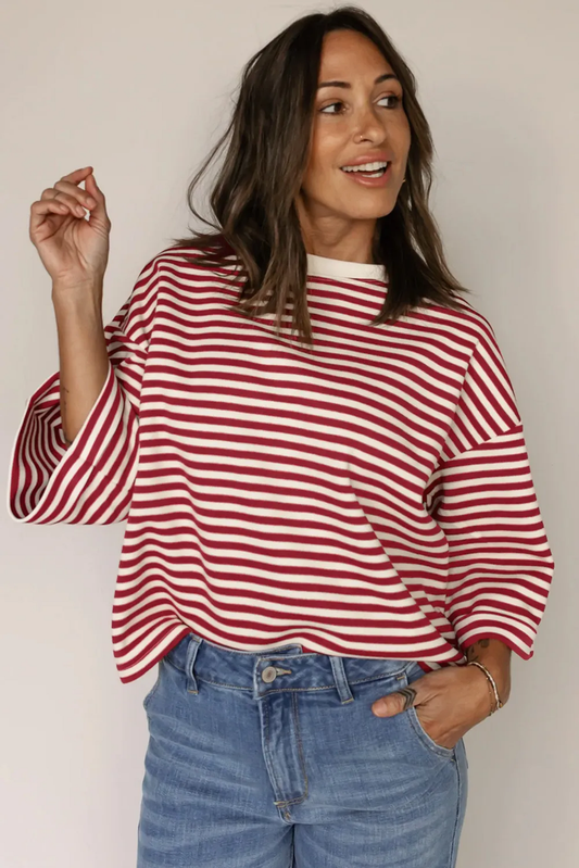 Red Stripe Bowknot Cutout Back Drop Shoulder Wide Bracelet Sleeve Loose Top