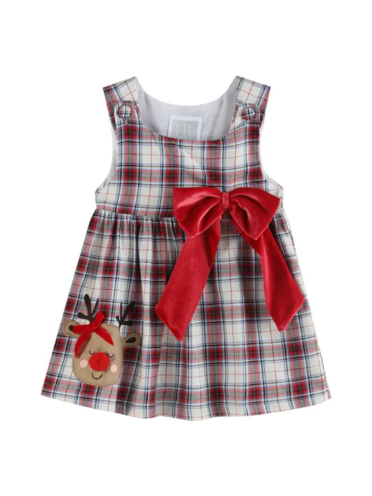 Lil Cactus White and Red Plaid Reindeer Big Bow and Button Dress