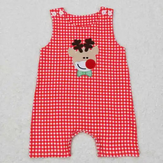 Red & White Gingham Reindeer Romper