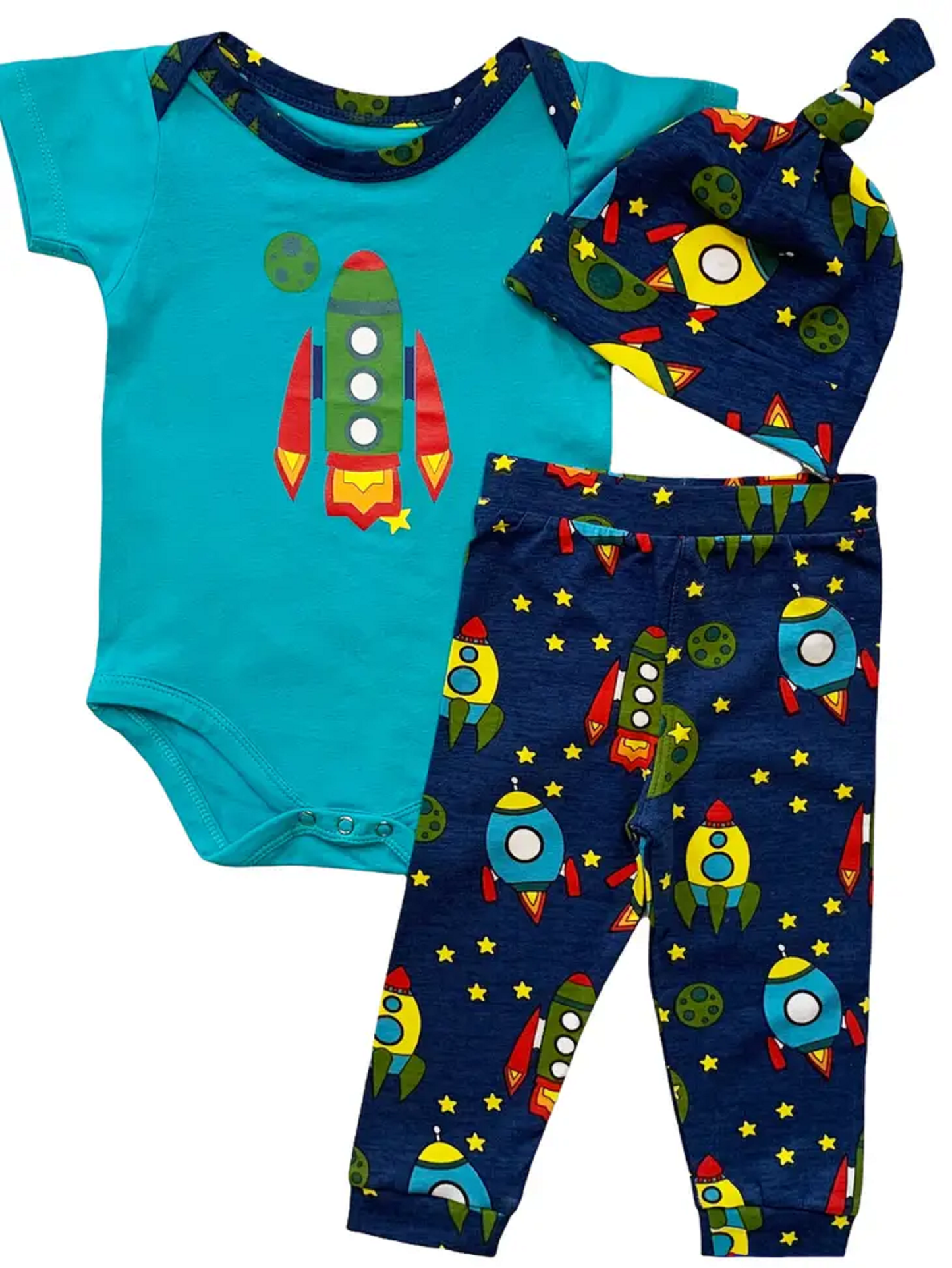 3pc Baby Shower Gift Rocket Ship Layette Onesie Pants & Cap