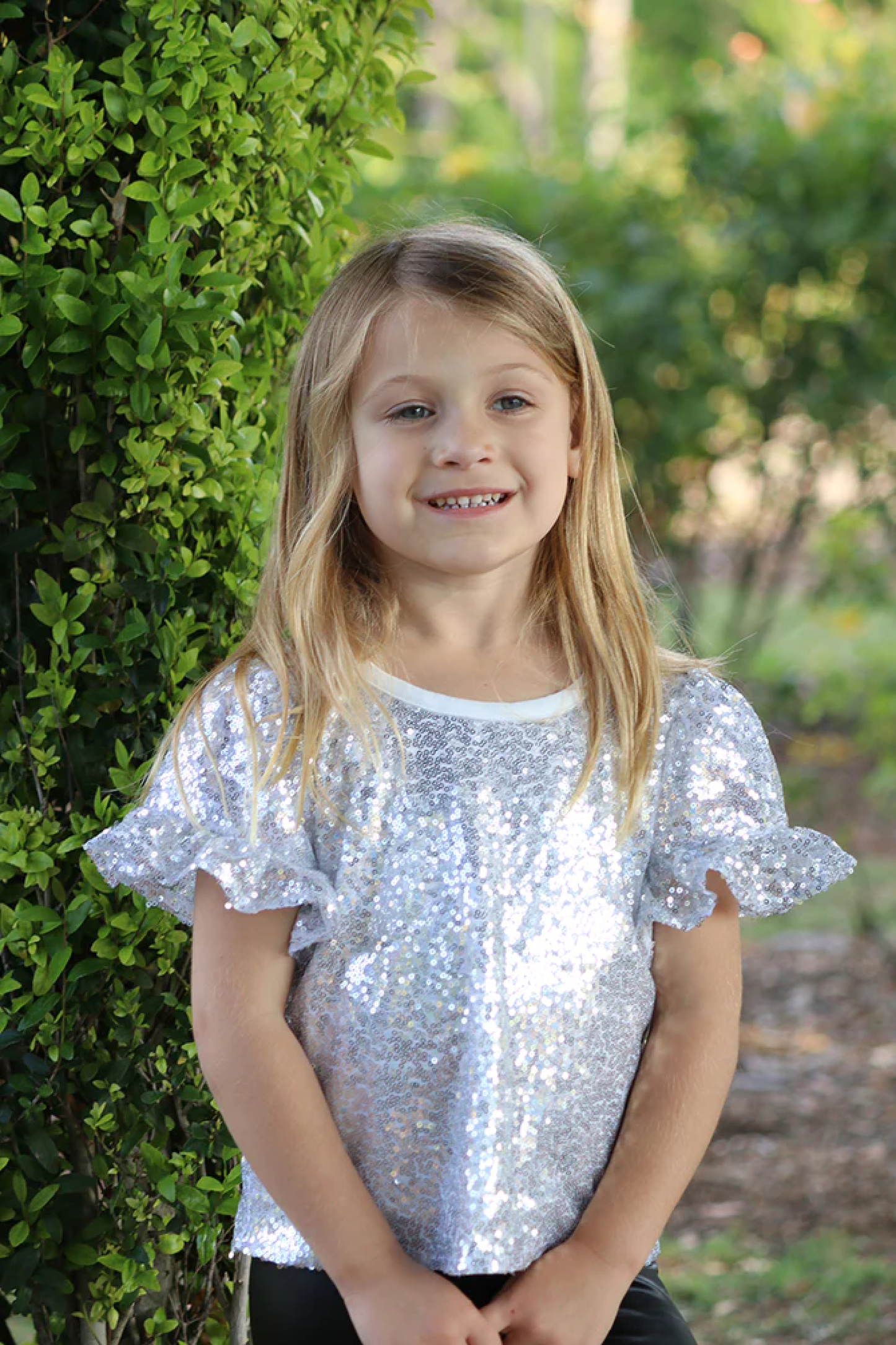 Girls Silver Sequin Short Sleeve Top