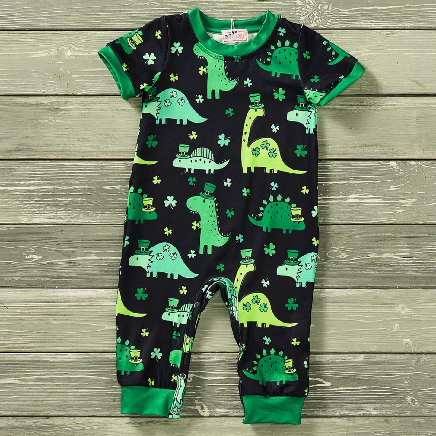 Pete + Lucy Shamrock Dinos Romper