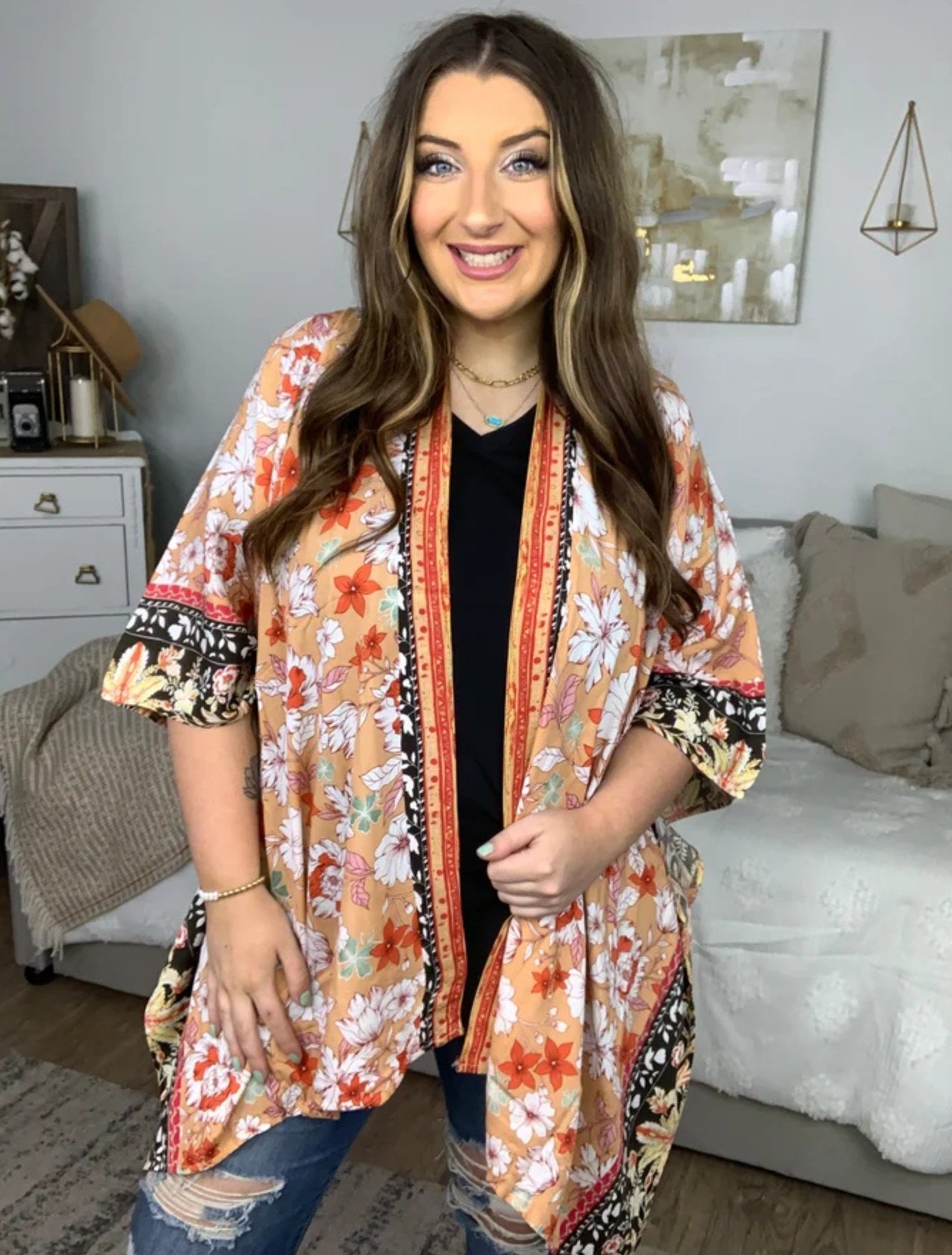 Orange Floral Kimono Cardigan