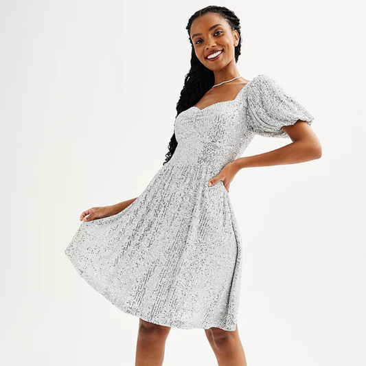 Juniors' SO® Sequin Puff Sleeve Dress