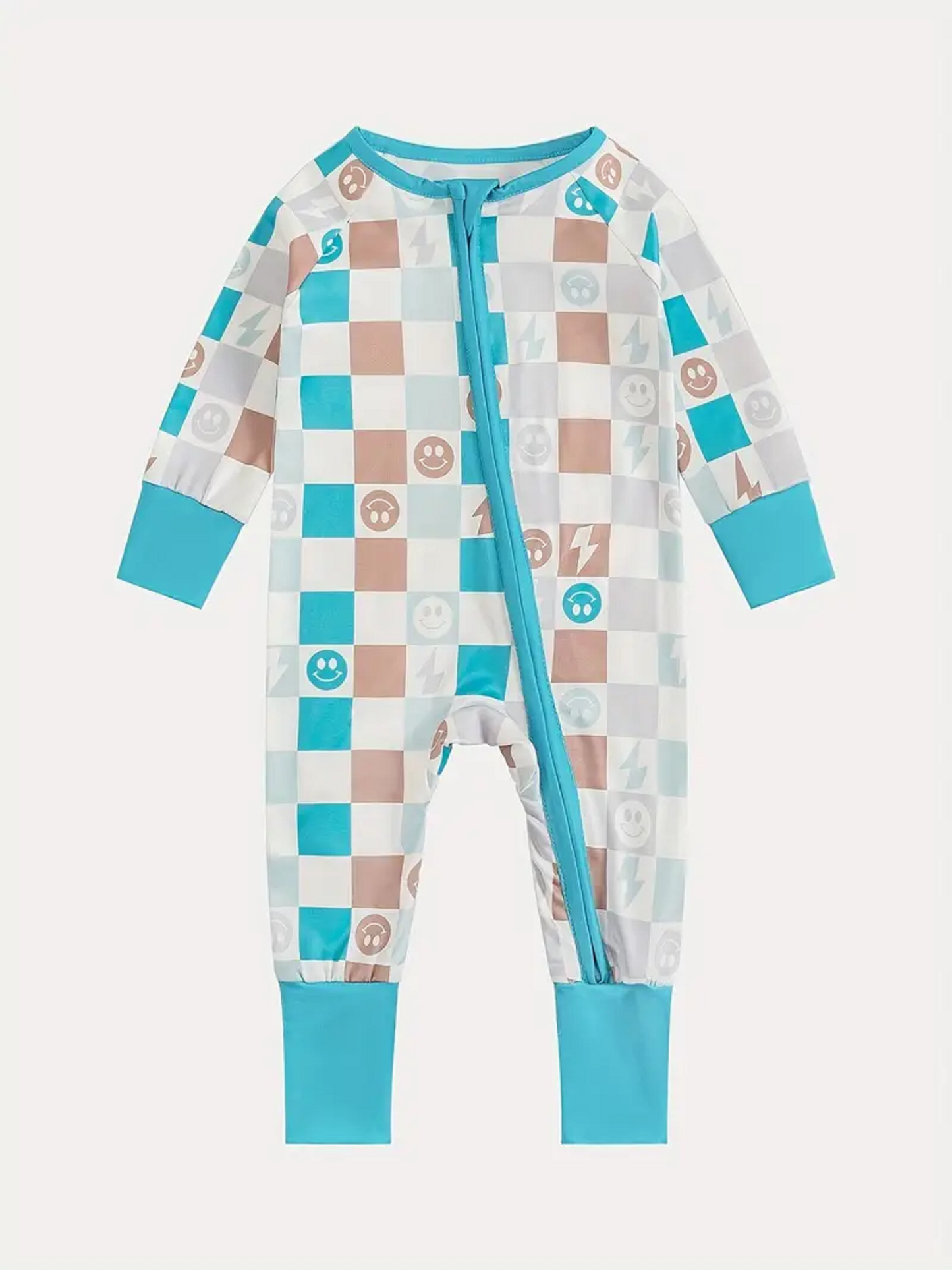 Blue Check Smiley Romper