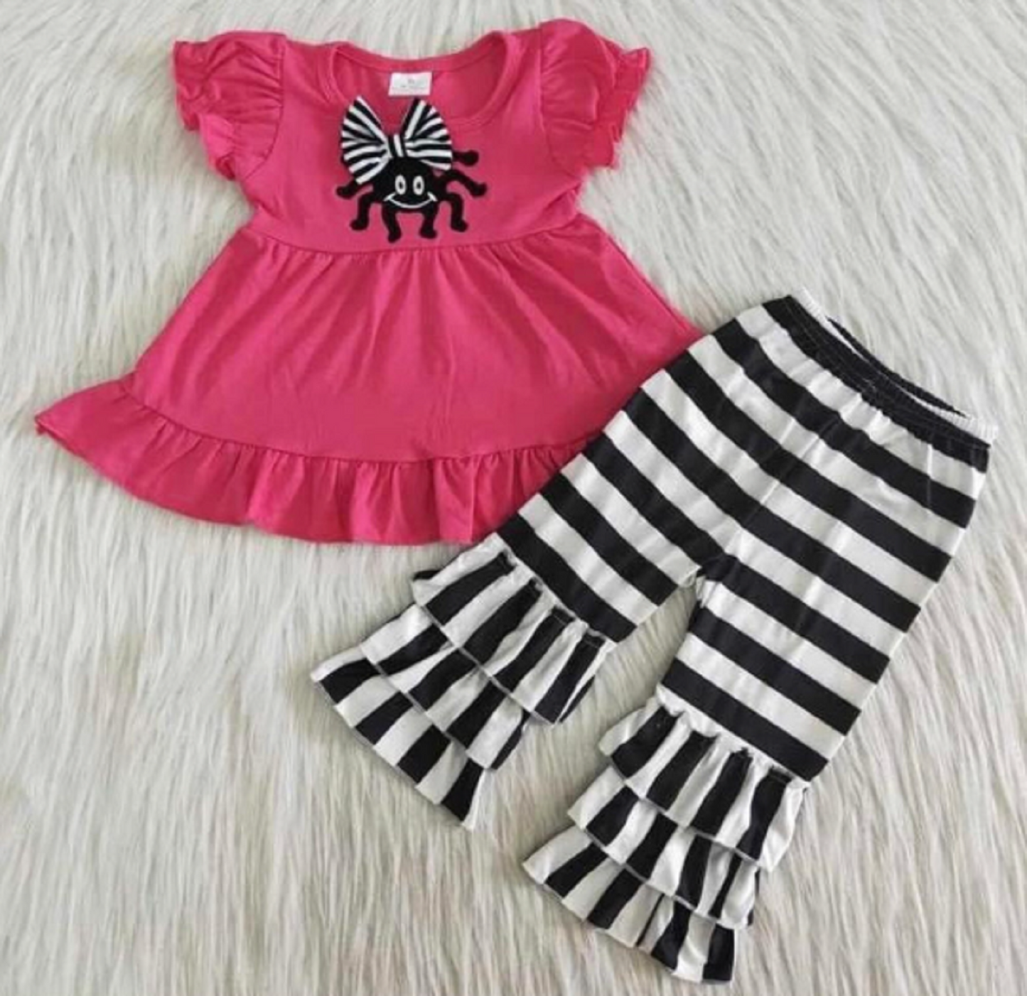 Spooky Spider Hot Pink Top With Black & White Striped Ruffled Bottoms