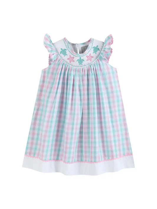 Lil Cactus Pink and Aqua Gingham Turtle Smocked Bishop Dress