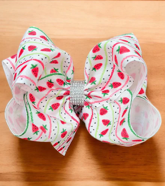 STRAWBERRY PRINTED DOUBLE LAYER HAIR BOWS 6.5"WIDE