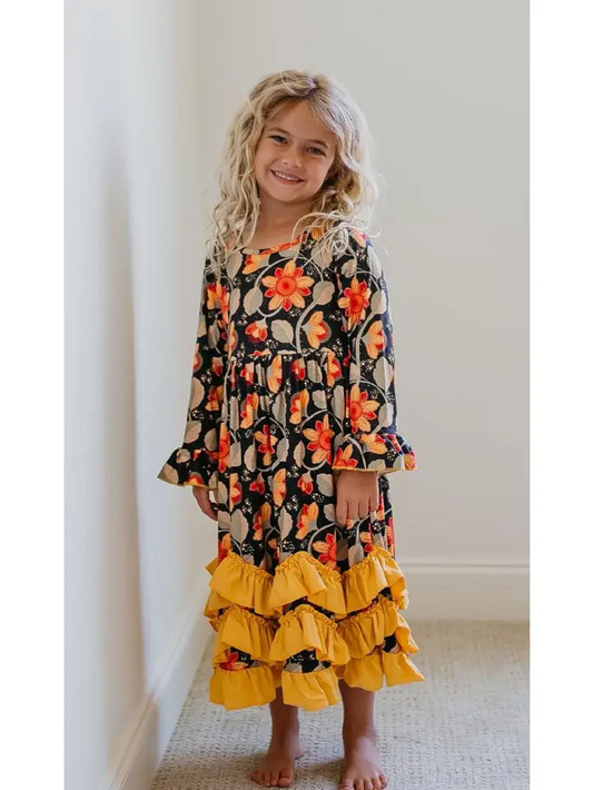 3 Ruffle Mustard Floral Long Sleeve Dress