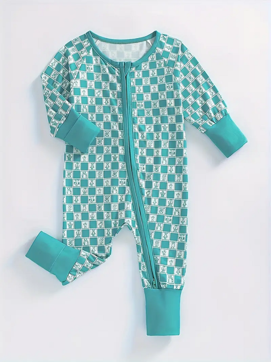 Teal Check Long Sleeve Romper