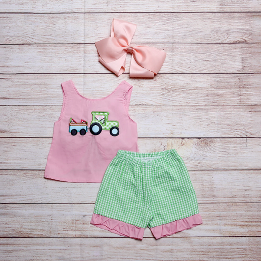 Girls Green Tractor on Pink Top with Green Gingham Shorts