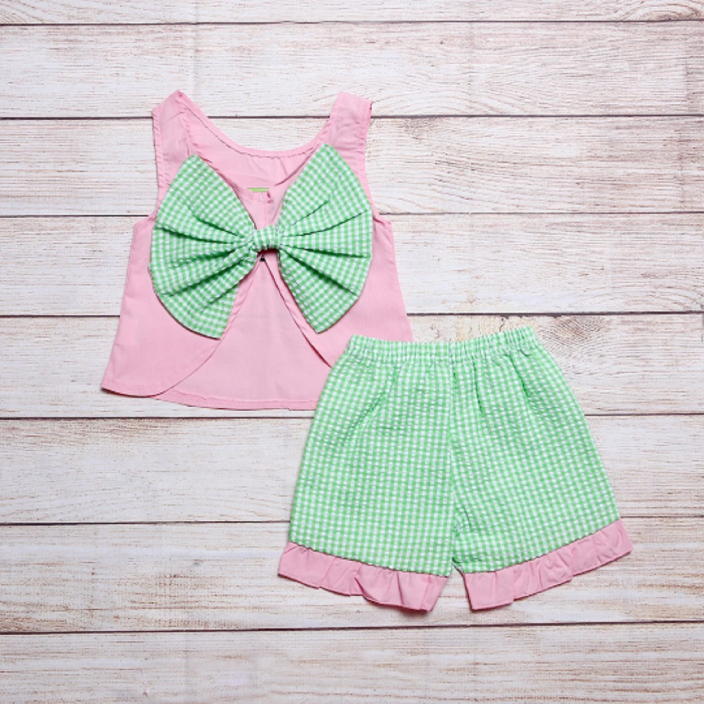 Girls Green Tractor on Pink Top with Green Gingham Shorts