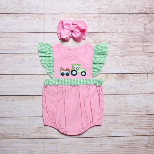 Girls Pink Romper With Green Tractor