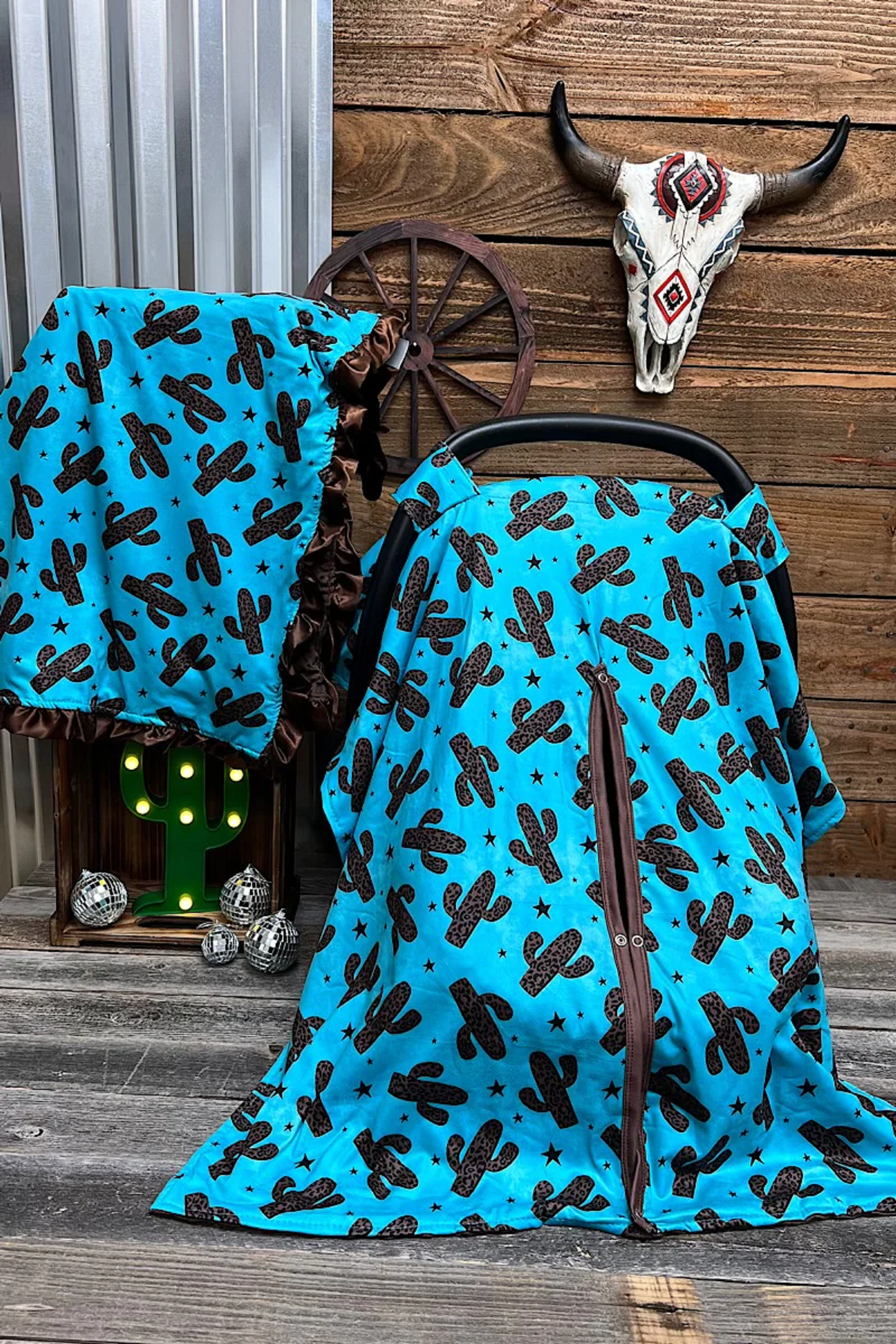 Turquoise with Brown Cactus  Car Seat Cover