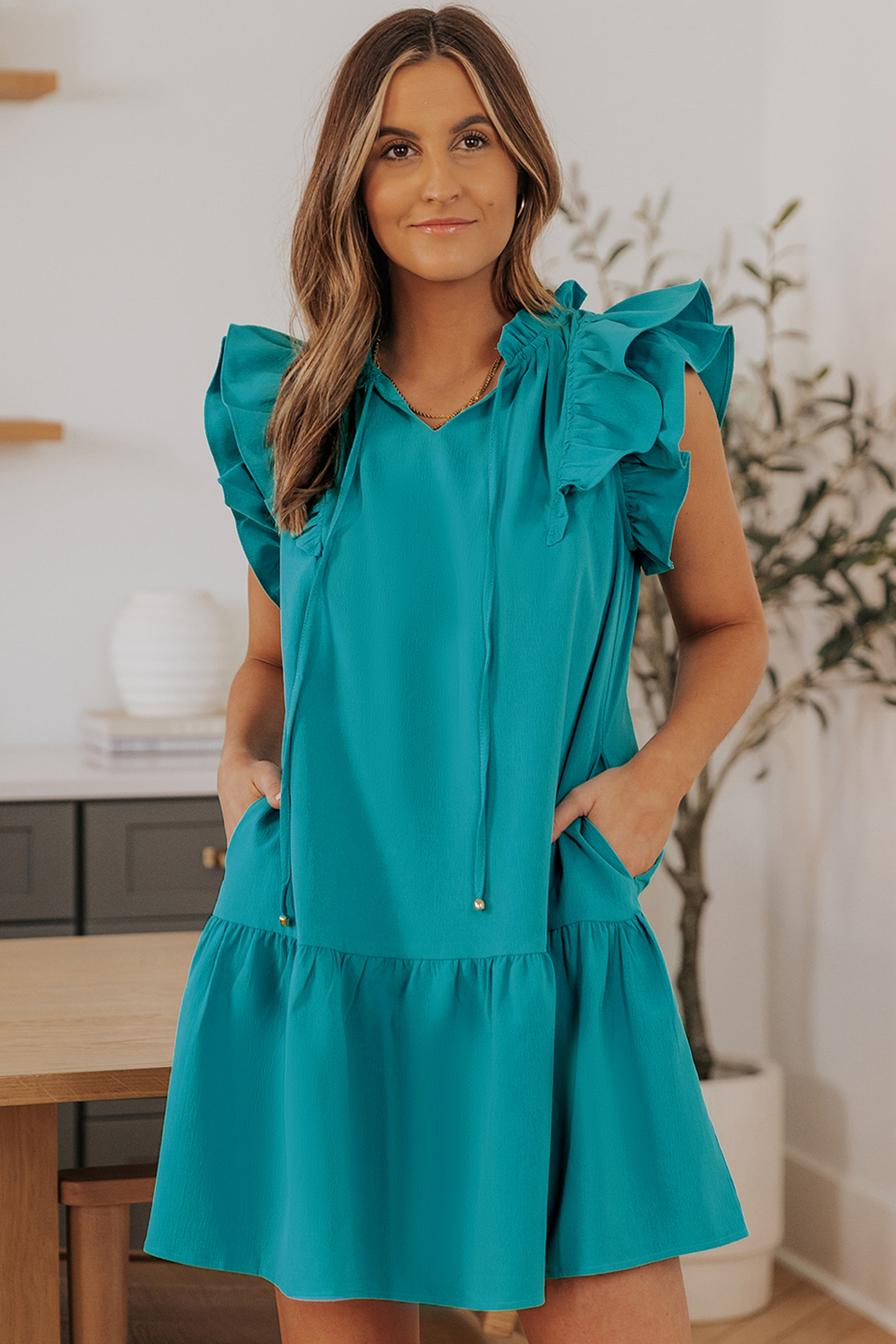 Turquoise Green Tiered Ruffled Sleeves Mini Dress with Pockets