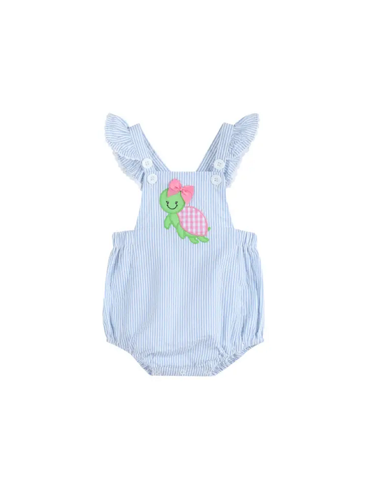 Lil Cactus Light Blue Seersucker Turtle Ruffle Romper