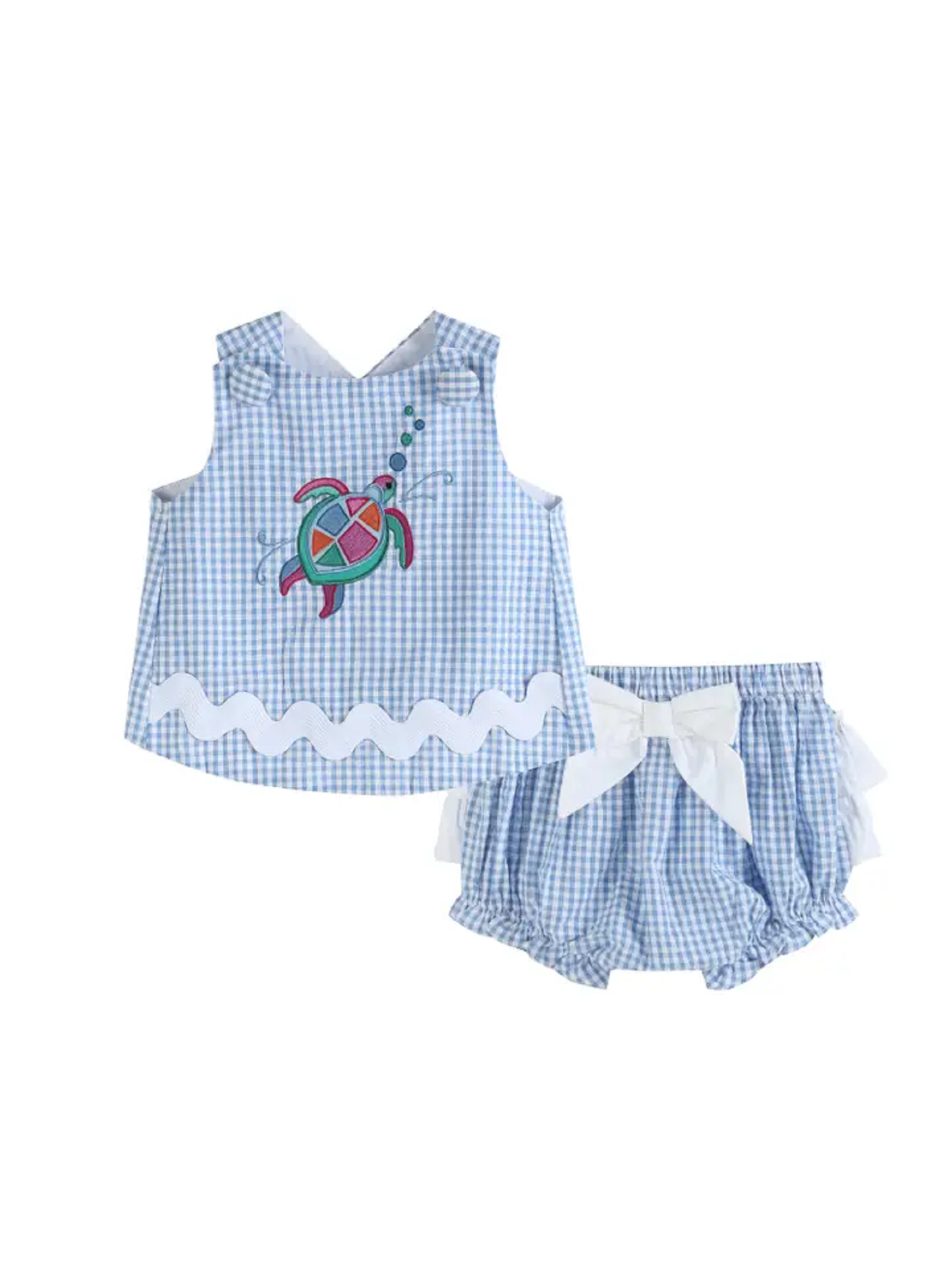 Lil Cactus Blue Gingham Mosaic Turtle Top and Bloomer Set