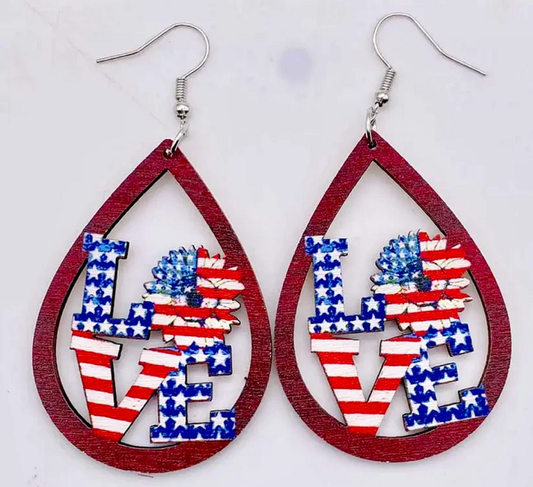 Love USA & Sunflowers Wooden Earrings