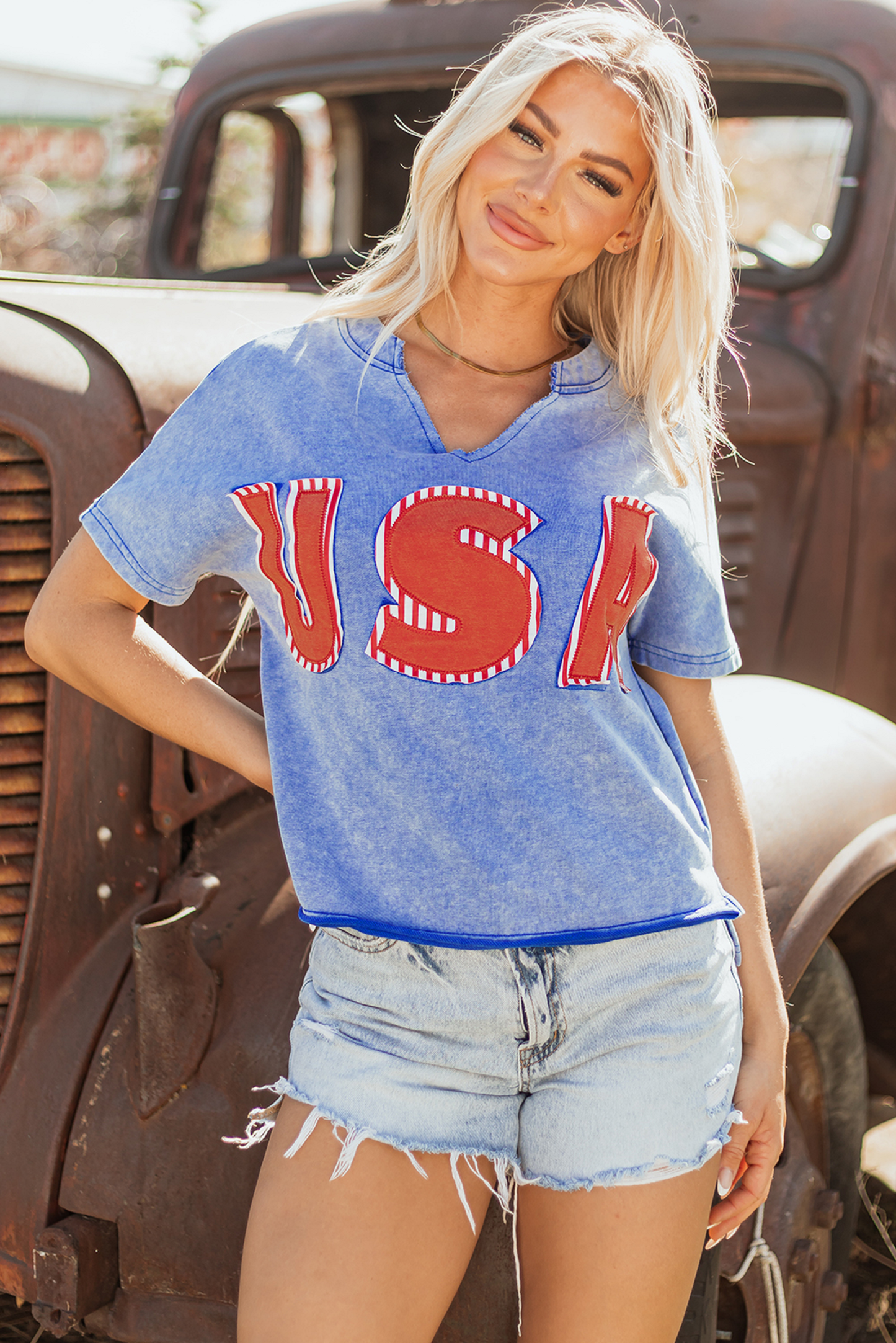Blue USA Patch Mineral Wash Notch V Neck Vintage Graphic T Shirt