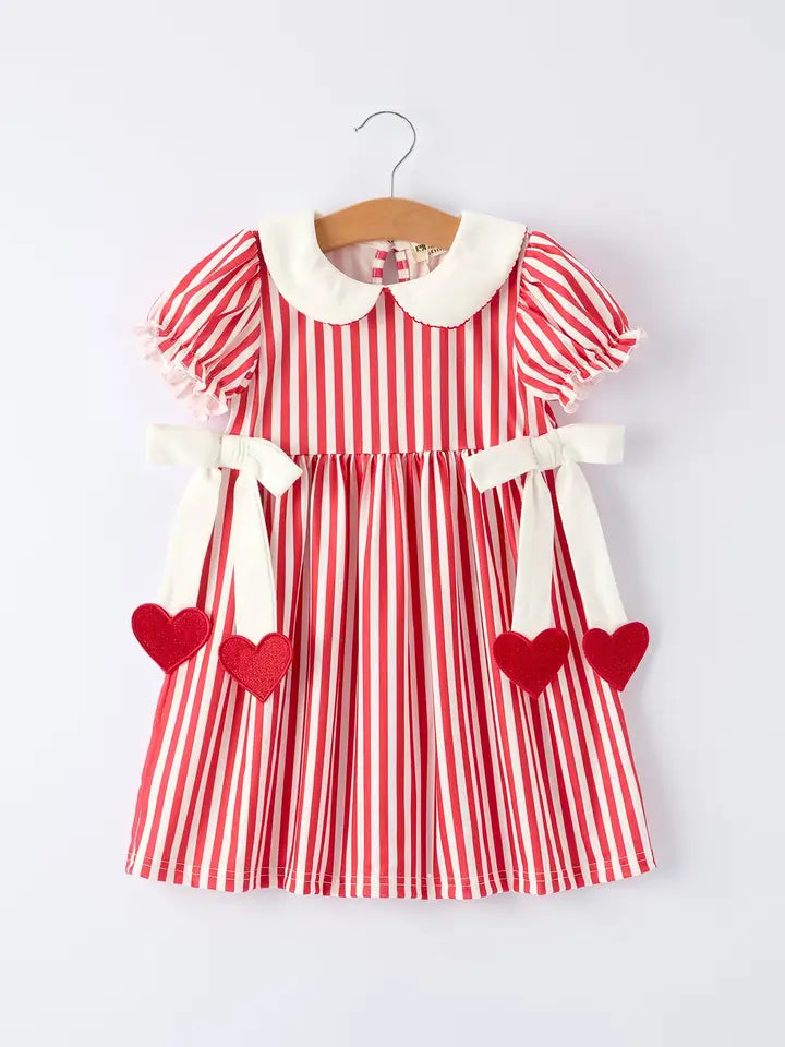 Valentine's Red Stripe Heart Dress For Toddler Girls