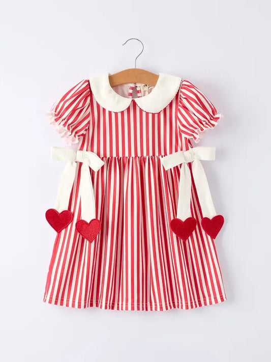 Valentine's Red Stripe Heart Dress For Toddler Girls