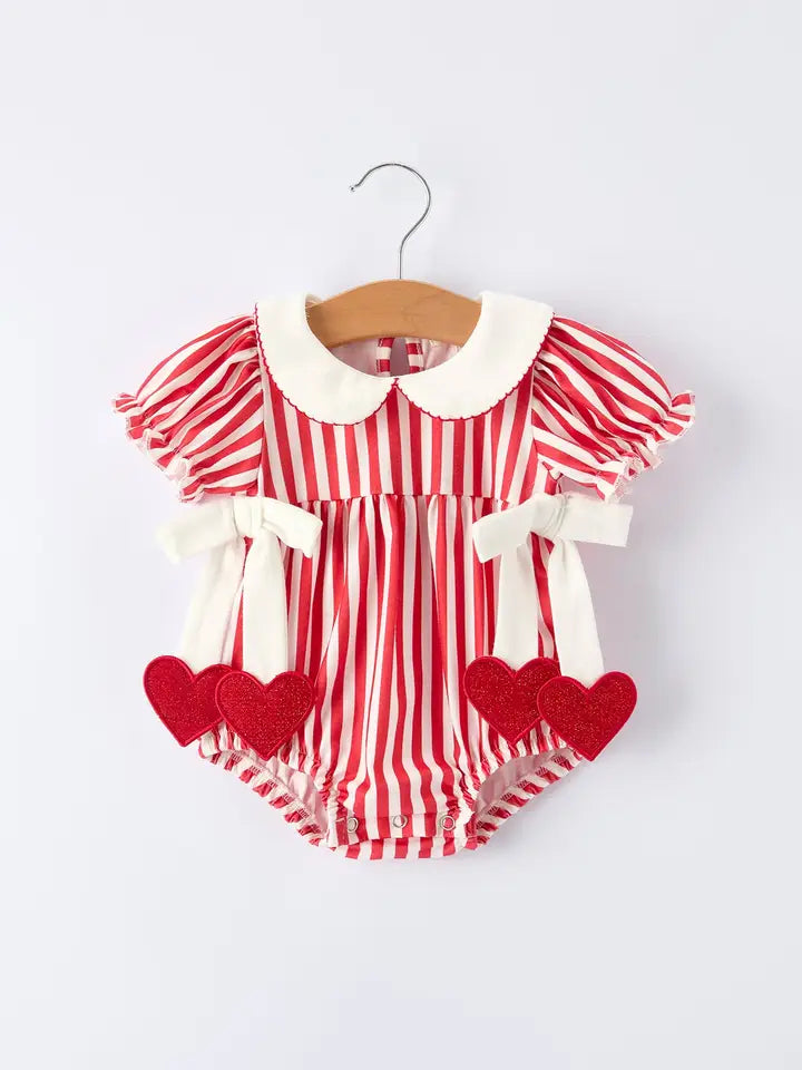 Valentine's Red Stripe Heart Bubble Romper For Baby Girls