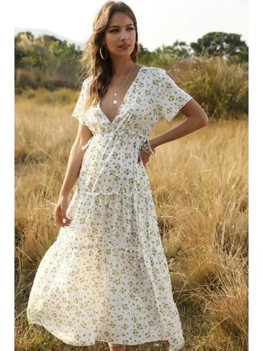 Ladies White Deep V Floral Ruffle High Cut Dress